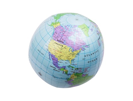 Inflated plastic earth toy showing North America