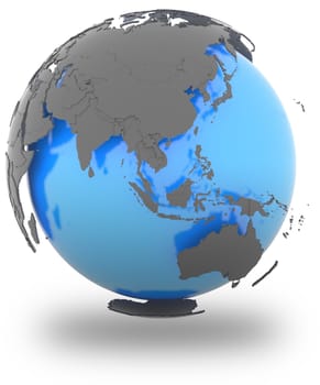Eastern Hemisphere standing out of blue Earth in grey, isolated on white background