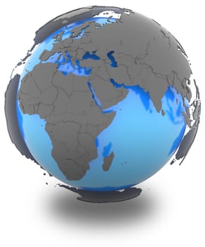 Western Hemisphere standing out of blue planet in grey, isolated on white background