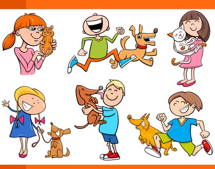 Cartoon Illustration of Kids with Pets Characters Set