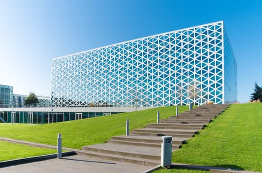 exterior of a modern school building in zwolle, netherlands. In 2011, the X-building was chosen as Building of the Year in the eastern Netherlands.