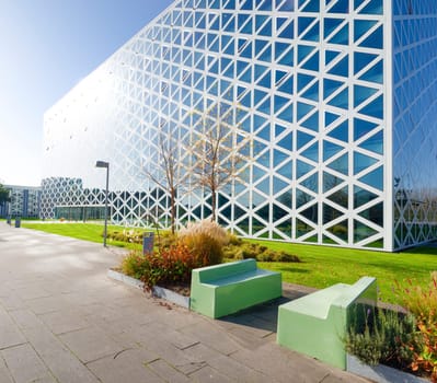 exterior of a modern school building in zwolle, netherlands. In 2011, the X-building was chosen as Building of the Year in the eastern Netherlands.