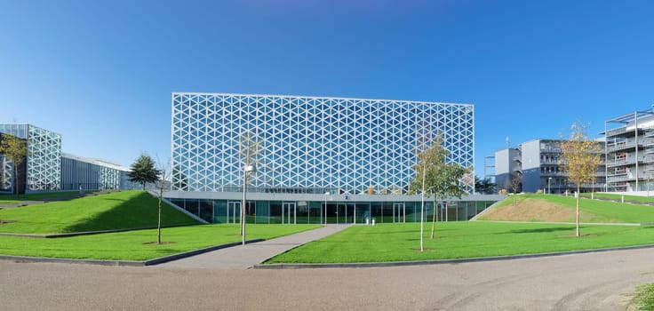 exterior of a modern school building in zwolle, netherlands. In 2011, the X-building was chosen as Building of the Year in the eastern Netherlands.