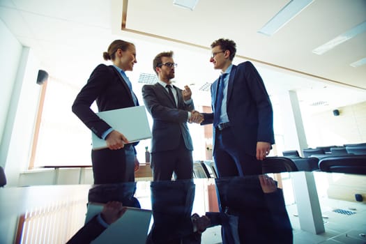 Male colleagues handshaking with young businesswoman near by