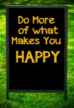 DO MORE OF WHAT MAKES YOU HAPPY  message on sidewalk blackboard sign against green grass background. Copy Space available. Concept image