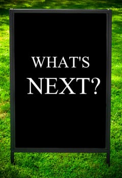 WHAT'S NEXT?  message on sidewalk blackboard sign against green grass background. Copy Space available. Concept image
