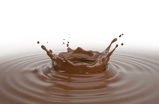 Liquid Chocolate crown splash pool with ripples. Isolated On white background.