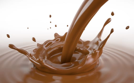 Liquid chocolate crown splash with pour stream and ripples. Bird eye view. On white background.