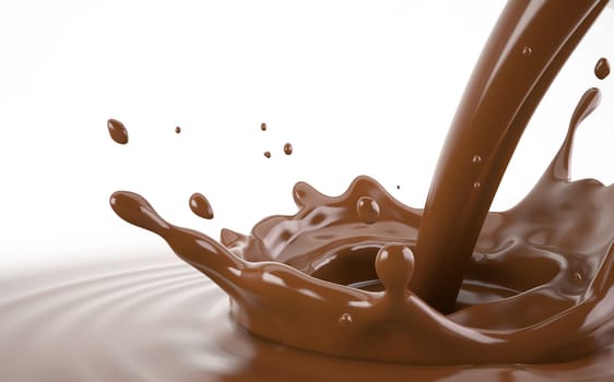 Liquid chocolate crown splash with pour stream and ripples. close up view. On white background.