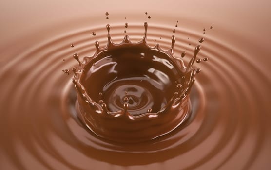 Liquid chocolate crown splash with ripples. Bird eye view.