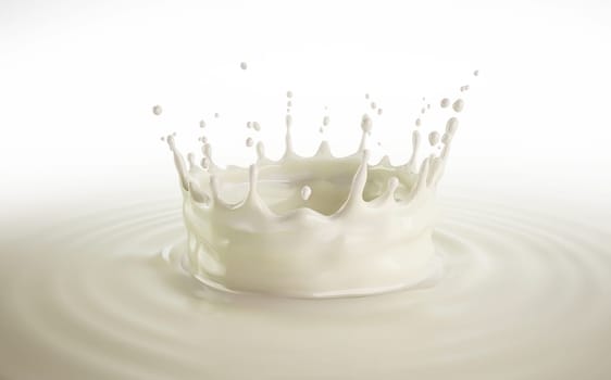 Milk crown splash, splashing in milk pool with ripples. Bird eye view.