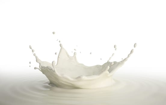 Milk crown splash, splashing in milk pool with ripples. Bird eye view. On white background.