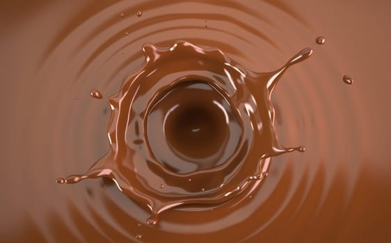 Liquid chocolate crown splash. In a liquid chocolate pool. With circular ripples. Viewed from the top.