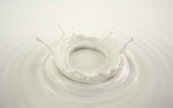 Milk crown splash, splashing in milk pool with ripples. Bird eye view. On white background.