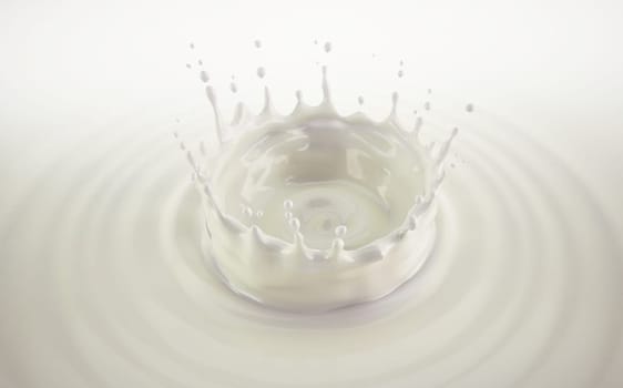 Milk crown splash, splashing in milk pool with ripples. Bird eye view.