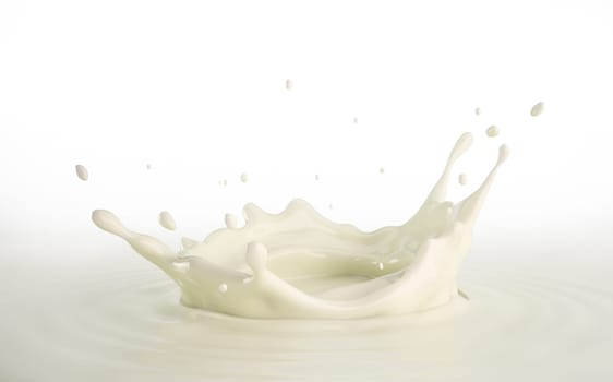 Milk crown splash, splashing in milk pool with ripples. Close up bird eye view. On white background.