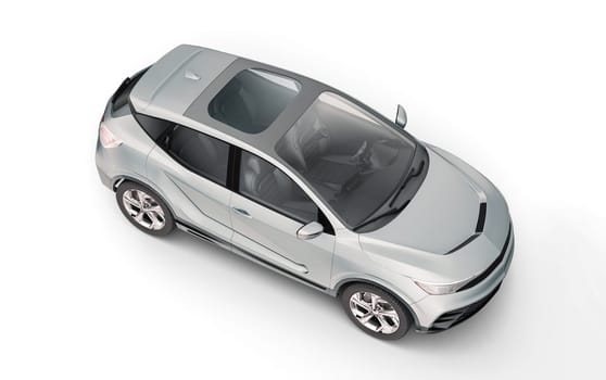 Generic electric or hybrid car. Crossover Suv silver color. Viewed from perspective top.