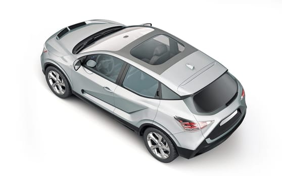 Generic electric or hybrid car. Crossover Suv silver color. Viewed from perspective top