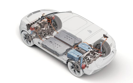 Electric generic car technical cutaway 3d rendering with all main details of EV system in ghost effect with drawing. Perspective top view on white background.
