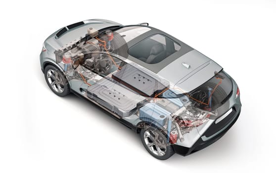 Electric generic car technical cutaway 3d rendering with all main details of EV system in ghost effect. Perspective top view on white background.