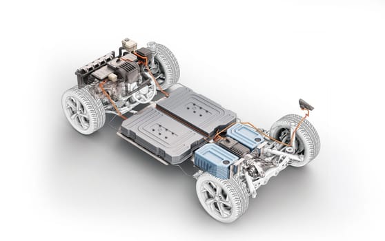Electric car under carriage chassis. All main details of EV system, on white background.