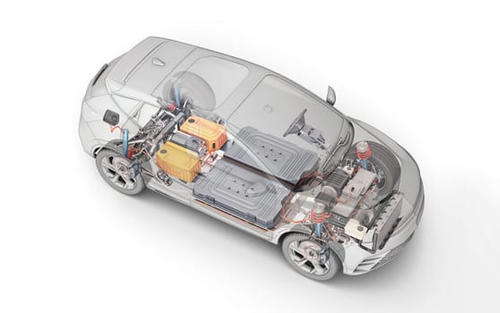 Electric generic car technical cutaway 3d rendering with all main details of EV system in ghost effect with drawing. Perspective top view on white background.