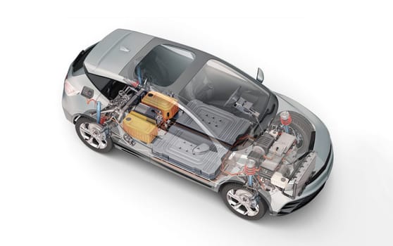 Electric generic car technical cutaway 3d rendering with all main details of EV system in ghost effect. Perspective top view on white background.