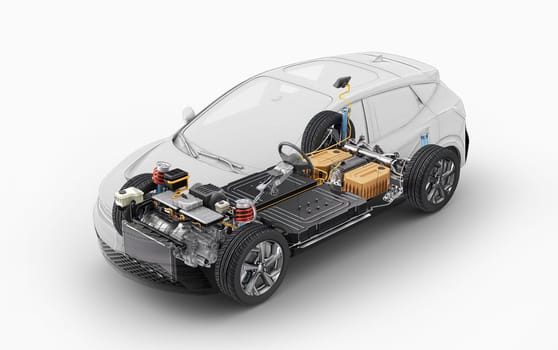Electric generic car technical cutaway 3d rendering with all main details of EV system in ghost effect with drawing. Perspective bird eye view on white background.