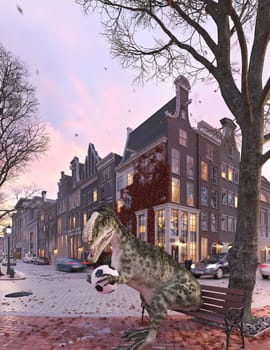 Dinosaur sitting on a bench in the city. with a soccer ball in his hands.