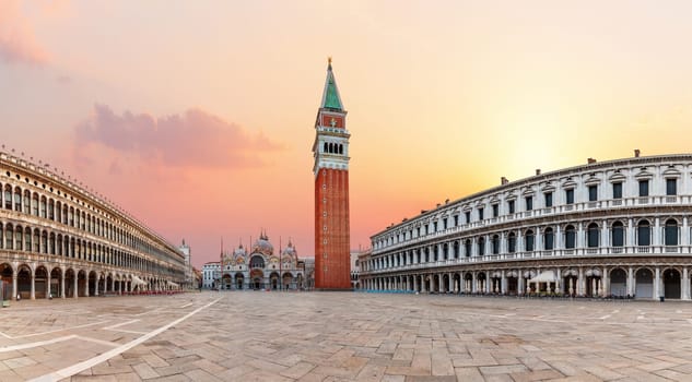 Square Piazza San Marco sunset panorama, Venice, Italy.