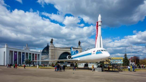 Moscow, Russia, April 23, 2016: YAK-42 passenger jet and Vostok spacecraft on display at the Exhibition of Achievements of National Economy in Moscow, Russia