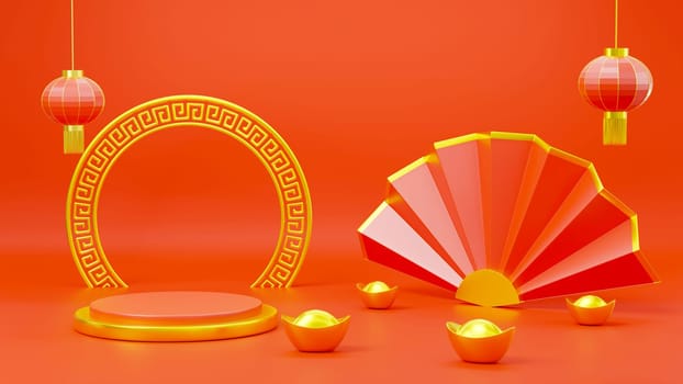 Happy Chinese New Year. Japanese fan, gold ingot and lantern, round Asian theme product display podium stage on red background, empty fashion luxury CNY podium, 3D Rendering illustration