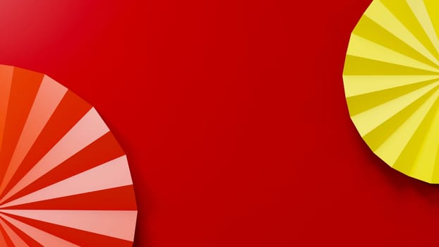 Happy Chinese new year concept. Chinese folding fan red and yellow isolated on red background, Icons for web design, 3D rendering illustration