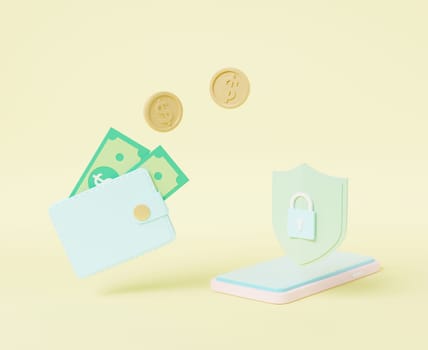 Security financial savings online payment protection on smartphone online transaction banking, Money transfer from wallet into mobile phone with Secure bank, Isometric 3D rendering illustration