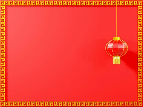 Happy Chinese New Year. Chinese lantern in golden lanterns frame pattern on red background decoration element for web design, 3D Rendering illustration