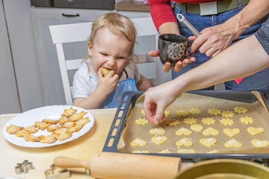 Cute boy tastes cookies while women prepare other cookies for baking in domestic kitchen. Horizontally.