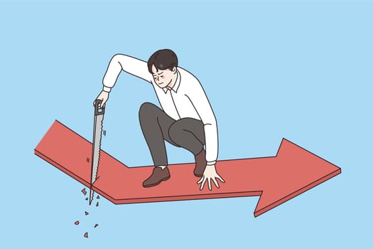 Business danger and risks concept. Young asian businessman sitting and cutting red arrow forward meaning dangerous situation for business vector illustration