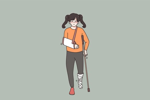 Physical injury and disability concept. Sad disappointed girl standing having disabilities as broken arm and leg in medical bandages vector illustration