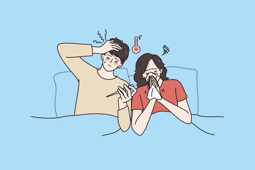 Fever and getting cold concept. Young couple man and woman staying in bed with high temperature feeling ill sick and having flu vector illustration