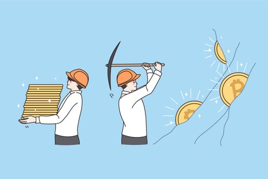 Financial success and earning concept. Positive businessmen miners wearing helmets and white shirts with hammer getting gold earning profit vector illustration