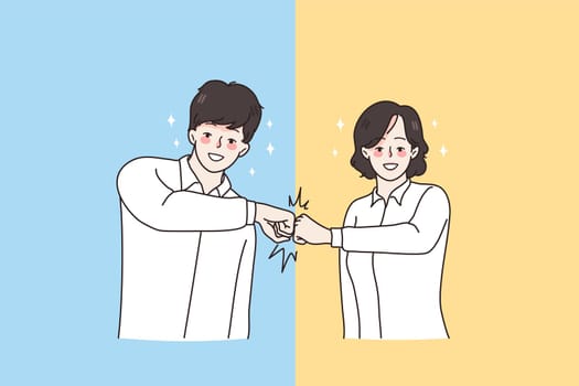 Friendship, collaboration and and mutual support concept. Young smiling colleagues man and woman standing and bumping fists from both sides blue and yellow vector illustration