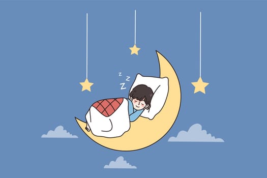Good sleep and sweet dreams concept. Small kid with smile on face lying in bed on moon sleeping having sweet dreams with falling hanging stars from sky vector illustration