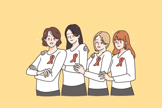 Female foundation of breast cancer and girls power concept. Group of smiling girls wearing orange ribbons on longsleeves standing holding hands looking at camera vector illustration