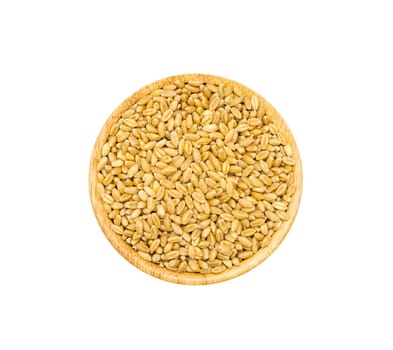 Wheat grains in brown wooden bowl isolated on white background, top view
