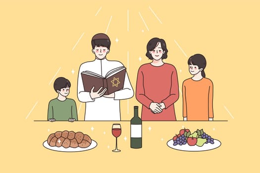 Religious education and spirituality concept. Jew family with children standing with religion book praying all together before meal vector illustration
