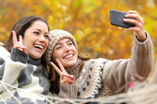 Two happy friends taking selfie on hammock in autumn