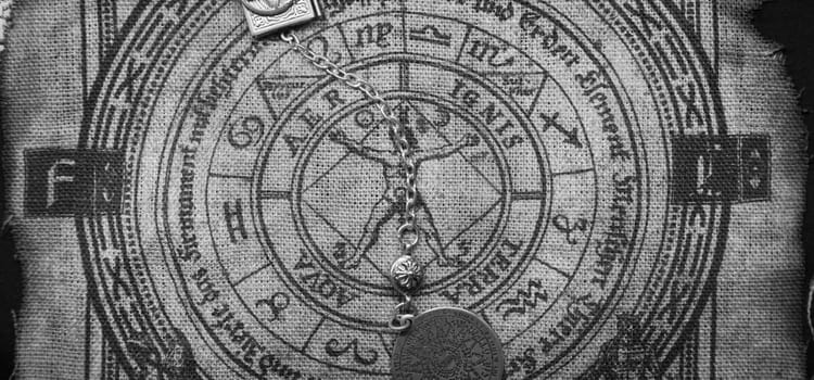 Ancient esoteric witchcraft background. Occultims and paganism old symbol, with mysterious runes and alphabet.