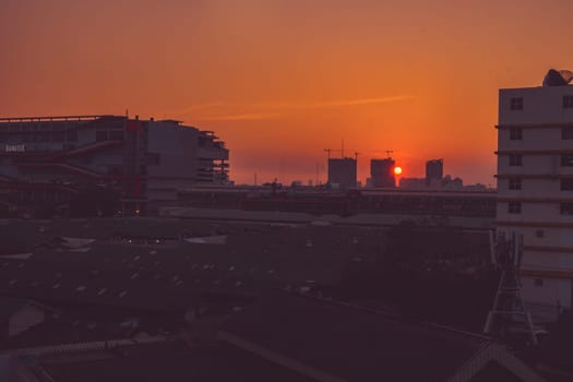 Panorama of capital city. Cityscape at sunset colorful cloudy twilight sky