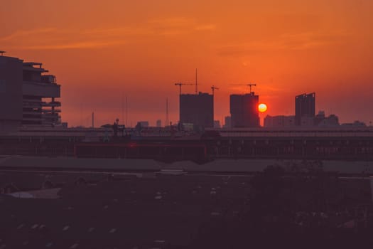 Panorama of capital city. Cityscape at sunset colorful cloudy twilight sky
