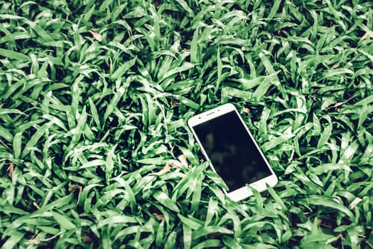 mobile cellphone  on green grass  .  working outdoors  everywhere lifestyle .make life easier with technology concept idea background .mock up for Coupon QR code on smart phone